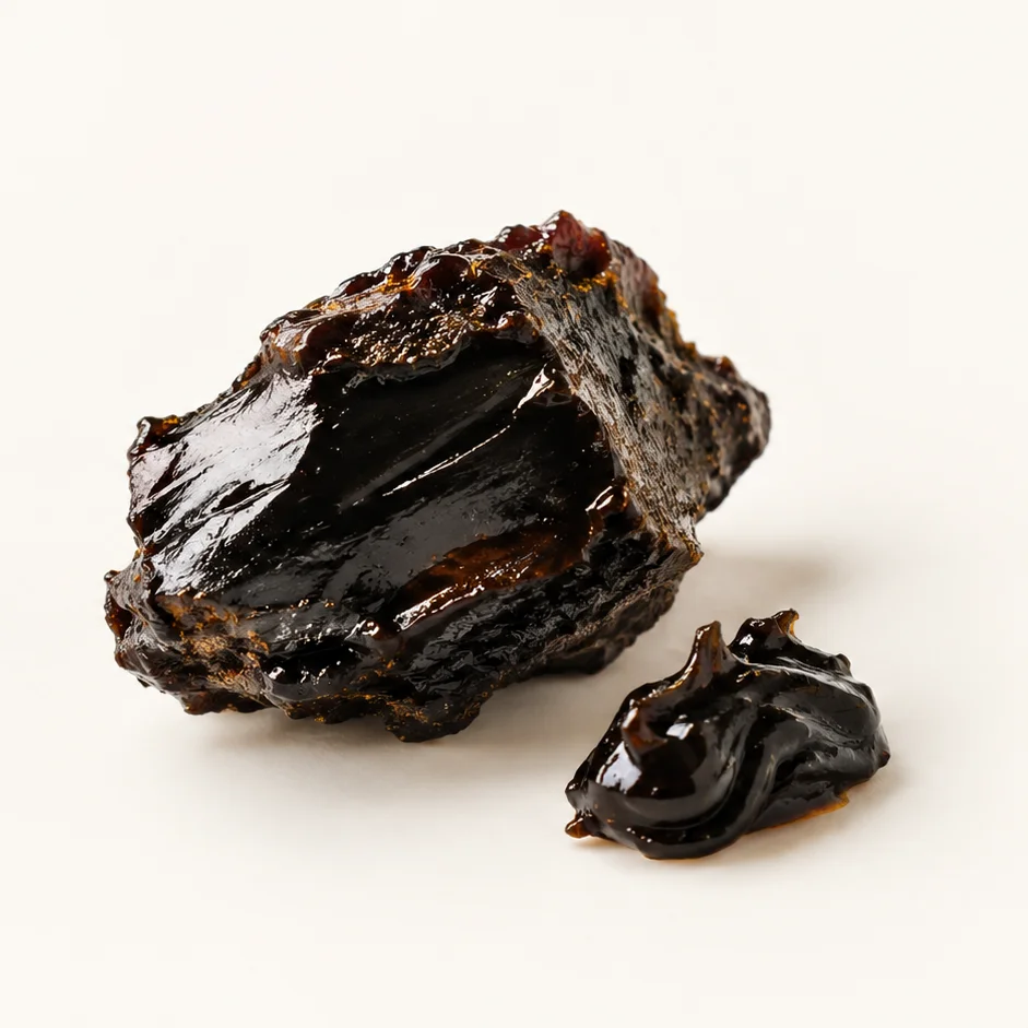 A sample of dark Shilajit resin on a laboratory bench